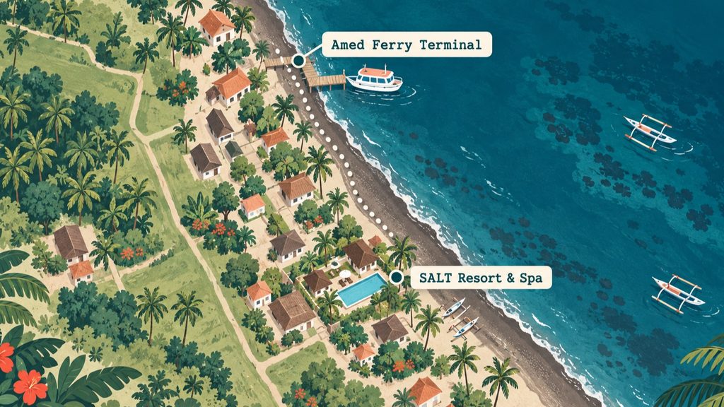 Illustrated map showing SALT Resort & Spa and Amed Ferry Terminal along the beachfront in Amed
