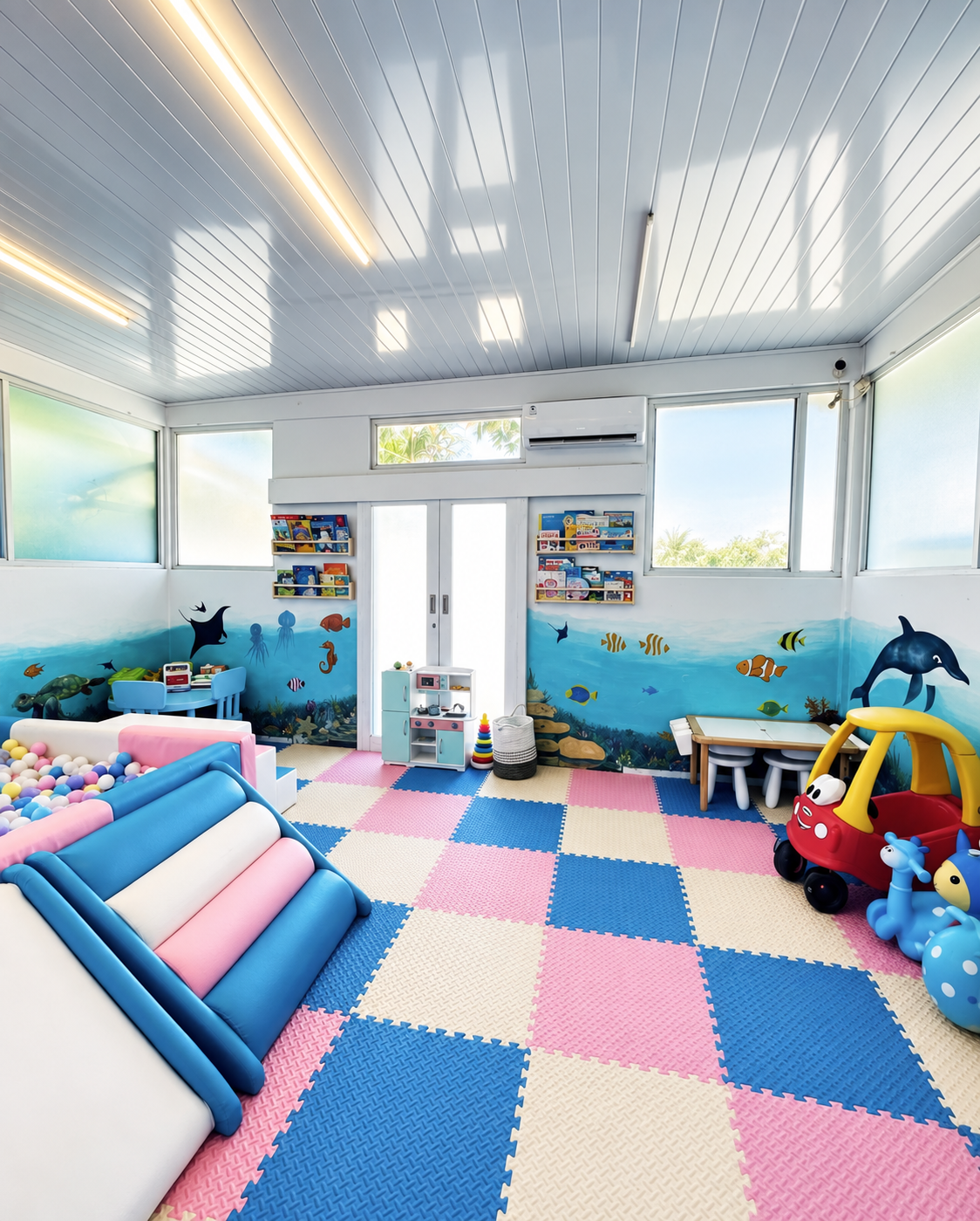 Colourful Salty Monkeys Kids Club playroom at SALT Bali, with a ball pit, toys, books, play kitchen and children’s activity area.