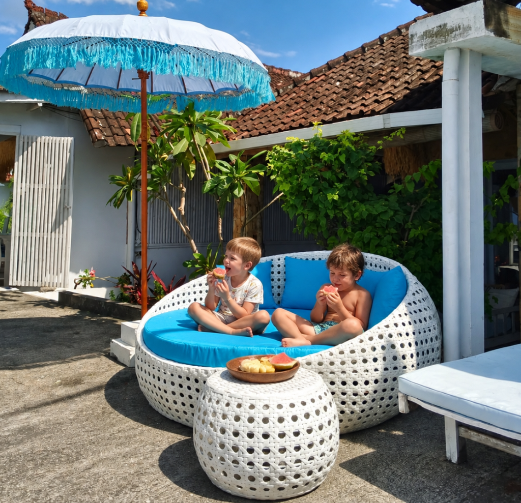 Family snack time on a tropical terrace