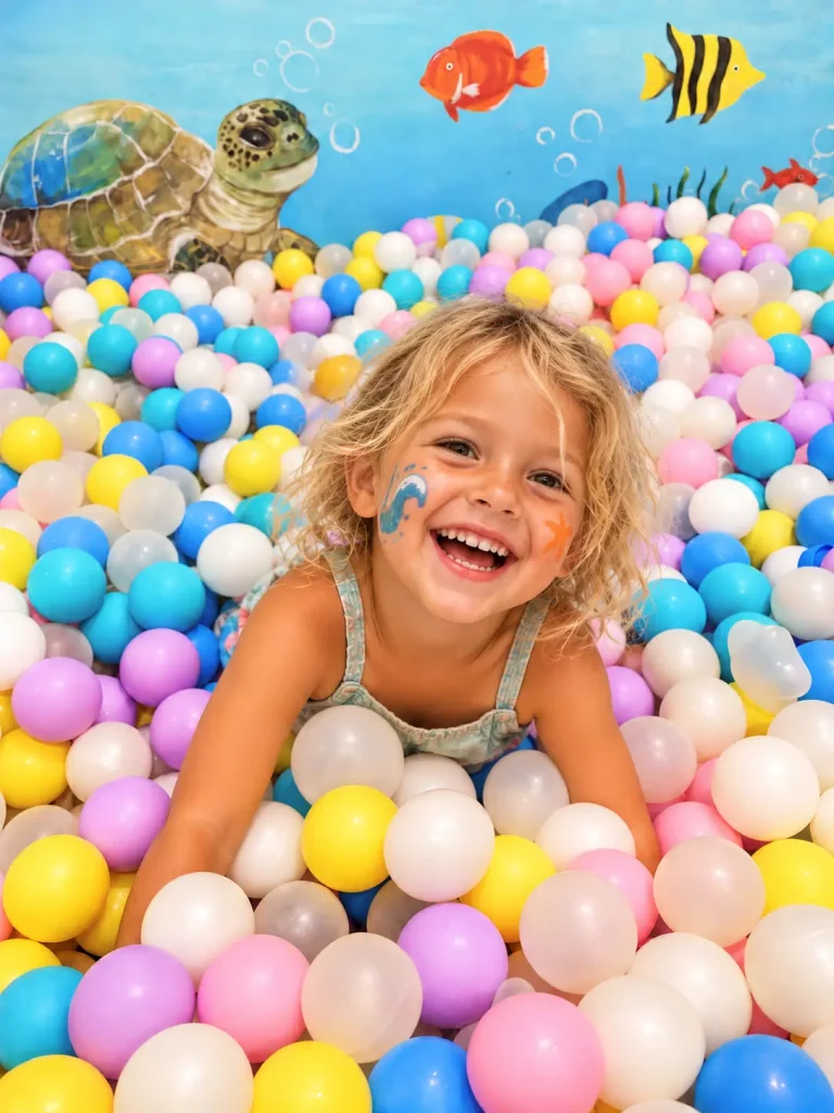 Smiling young child playing in a colourful ball pit beneath an underwater mural at Salty Monkeys Kids Club