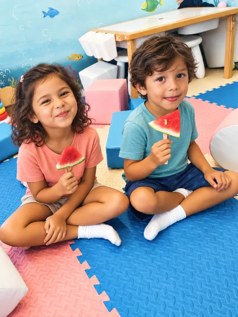 Two young children sitting together on colourful play mats at Salty Monkeys Kids Club in Amed