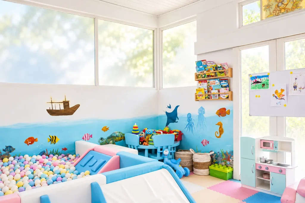 Bright toddler play area with soft flooring, toys and windows at Salty Monkeys Kids Club